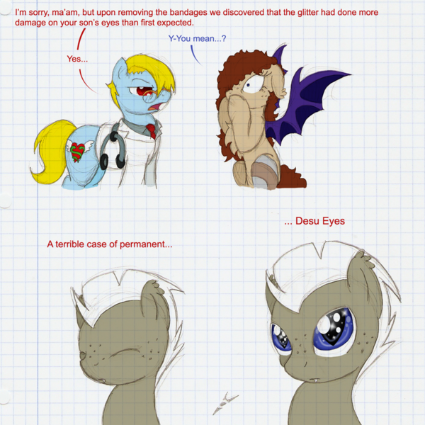 Size: 967x967 | Tagged: safe, artist:ravenpuff, deleted from derpibooru, derpibooru import, oc, oc:morgana, oc:nightshift, unofficial characters only, bat pony, earth pony, pony, bat pony oc, bat wings, bust, clothes, comic, dialogue, doctor, earth pony oc, eyes closed, freckles, glasses, graph paper, lab coat, lined paper, starry eyes, traditional art, wingding eyes, wings