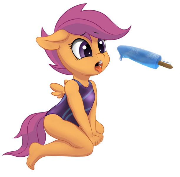 Size: 1718x1688 | Tagged: safe, artist:salemcat, derpibooru import, scootaloo, anthro, pegasus, plantigrade anthro, clothes, cute, cutealoo, feet, female, floppy ears, food, ice cream, image, not porn, one-piece swimsuit, open mouth, phallic symbol, png, popsicle, simple background, solo, suggestive eating, swimsuit, tongue out, transparent background