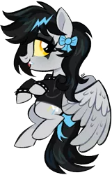 Size: 415x644 | Tagged: safe, artist:cryptidcake, derpibooru import, oc, oc:lightning dee, unofficial characters only, pegasus, pony, bow, bracelet, choker, clothes, colored sclera, commission, eyeshadow, fangs, female, hoodie, makeup, mare, simple background, solo, spiked choker, spiked wristband, spread wings, tail bow, transparent background, wings, wristband, ych result