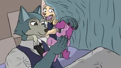 Size: 1280x723 | Tagged: safe, artist:m3g4p0n1, derpibooru import, pinkie pie, anthro, dog, wolf, barely pony related, beastars, bed, jack (beastars), legosi (beastars), plushie, shocked, shocked expression