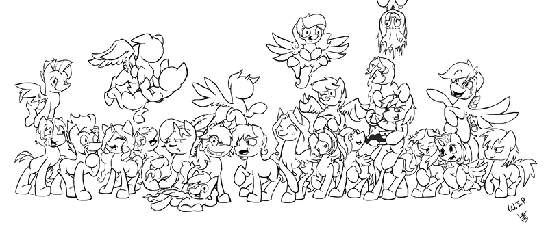 Size: 3856x1588 | Tagged: safe, artist:lucas_gaxiola, derpibooru import, oc, oc:charmed clover, oc:digibrony, oc:dusty katt, oc:eilemonty, oc:feather, oc:ilovekimpossiblealot, oc:ink rose, oc:mandopony, oc:mic the microphone, oc:overhaul, oc:rachet, oc:saberspark, oc:scotty, oc:steve, oc:usagi, ponified, unofficial characters only, earth pony, pegasus, pony, unicorn, earth pony oc, eilemonty, female, flying, grin, group, horn, lineart, male, mare, monochrome, pegasus oc, progress, raised hoof, sibsy, sketch, smiling, stallion, tara strong, unicorn oc, upside down, wings, wip