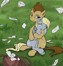 Size: 1084x1138 | Tagged: safe, artist:vladimir-olegovych, derpibooru import, derpy hooves, doctor whooves, time turner, earth pony, pegasus, pony, doctorderpy, eyes closed, female, grass, hug, letter, mail, mailbag, male, shipping, straight