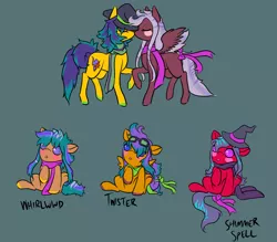 Size: 1600x1400 | Tagged: safe, artist:lavvythejackalope, derpibooru import, oc, oc:squeaks, oc:twister, oc:whirlwind, unofficial characters only, pegasus, pony, :o, baby, baby pony, clothes, goggles, hat, open mouth, pegasus oc, reference sheet, scarf, simple background, sitting, text, underhoof, wings, witch hat