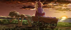 Size: 2859x1214 | Tagged: safe, artist:vladimir-olegovych, derpibooru import, applejack, big macintosh, sugar belle, earth pony, pony, unicorn, cart, cuddling, female, hay stalk, hoof around neck, male, pulling, shipping, straight, sugarmac, sunset