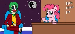 Size: 1288x580 | Tagged: arthur fleck, artist:logan jones, chair, clown, derpibooru import, desk, hello pinkie pie, joker (2019), mare in the moon, moon, not murder, not what he seems, not what it looks like, out of context, party cannon, pinkie pie, safe, talk show, this will end in a party, this will end in laughs, unshorn fetlocks, when you see it