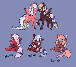 Size: 1600x1400 | Tagged: safe, artist:lavvythejackalope, derpibooru import, oc, oc:class act, oc:lacy wind, oc:lovelace, oc:maestro, unofficial characters only, pony, :o, baby, baby pony, bow, cuffs (clothes), eyes closed, open mouth, raised hoof, reference sheet, simple background, sitting, tail bow, tattoo, text, underhoof