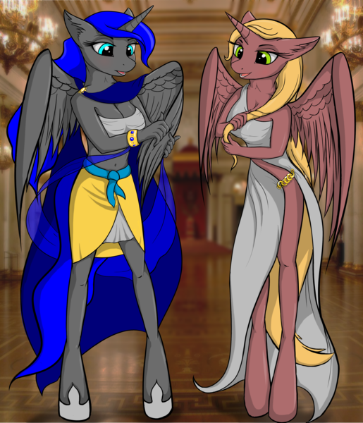 Size: 2947x3432 | Tagged: alicorn, alicorn oc, anthro, anthro oc, artist:vladimir-olegovych, belly button, bracelet, breasts, cape, cleavage, clothes, derpibooru import, dress, duo, fashion, female, hoof shoes, horn, jewelry, mare, midriff, oc, oc:techno universal, safe, shoes, side slit, skirt, unguligrade anthro, unofficial characters only, wings