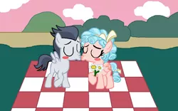 Size: 799x499 | Tagged: safe, artist:drypony198, derpibooru import, cozy glow, rumble, pegasus, pony, a better ending for cozy, blushing, colt, cozybetes, cozylove, cute, daaaaaaaaaaaw, eyes closed, female, filly, flower, foal, kissing, male, picnic blanket, romantic, rumblebetes, rumbleglow, shipping, straight