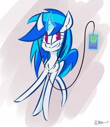 Size: 2278x2632 | Tagged: safe, artist:ratann, derpibooru import, vinyl scratch, pony, unicorn, curved horn, earbuds, grin, horn, magic, music player, no pupils, smiling, solo, telekinesis