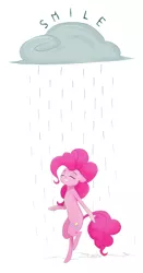 Size: 1585x3015 | Tagged: safe, artist:ratann, derpibooru import, pinkie pie, earth pony, pony, bipedal, cloud, eyes closed, rain, raincloud, simple background, smiling, solo, white background