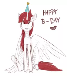 Size: 2302x2604 | Tagged: safe, artist:ratann, derpibooru import, oc, oc:fausticorn, unofficial characters only, alicorn, pony, cute, faustabetes, happy birthday, happy birthday lauren faust, hat, party hat, sitting, sketch, solo