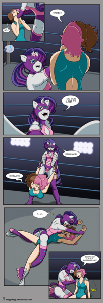 Size: 1024x3008 | Tagged: semi-grimdark, suggestive, artist:mayydayy, derpibooru import, rarity, oc, oc:pastel, anthro, armpits, breasts, comic, commission, diamante elegante, female, female pov, fight, offscreen character, pov, sports, tongue out, wrestling, wrestling ring