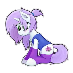 Size: 1350x1350 | Tagged: artist:wellfugzee, blushing, chest fluff, clothes, cute, cutie mark, derpibooru import, female, fluffy, hair over one eye, leg warmers, looking at you, mare, oc, oc:orchid, ponytail, safe, shirt, simple background, socks, transparent background, unofficial characters only