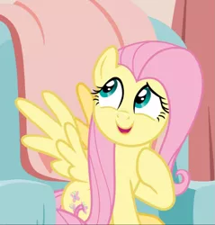 Size: 877x919 | Tagged: safe, derpibooru import, screencap, fluttershy, pegasus, pony, discordant harmony, cropped, cute, female, looking back, mare, open mouth, raised hoof, shyabetes, sitting, solo, spread wings, thinking, wings