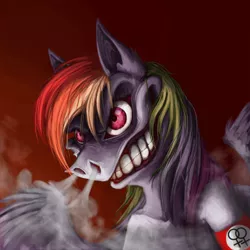 Size: 2000x2000 | Tagged: safe, artist:baccizoof, derpibooru import, rainbow dash, pegasus, pony, armband, bust, collarbone, creepy, creepy grin, grin, gritted teeth, implied lesbian, smiling, snorting, solo, visible breath