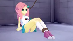 Size: 1280x720 | Tagged: suggestive, artist:csxz, derpibooru import, fluttershy, human, equestria girls, 3d, arm behind back, bondage, camp everfree outfits, clothes, converse, koikatsu, miniskirt, panties, pink underwear, rope, shoes, skirt, skirt lift, sneakers, socks, story in the source, thighs, tied up, underwear, upskirt