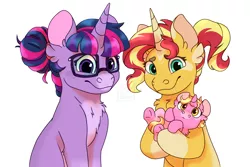 Size: 1500x1000 | Tagged: safe, artist:glitterstar2000, derpibooru import, luster dawn, sci-twi, sunset shimmer, twilight sparkle, ponified, pony, unicorn, equestria girls, baby, baby pony, chest fluff, description at source, digital art, ear fluff, equestria girls ponified, female, glasses, headcanon, lesbian, magical lesbian spawn, mare, offspring, scitwishimmer, shipping, simple background, sunsetsparkle, unicorn sci-twi, watermark, white background