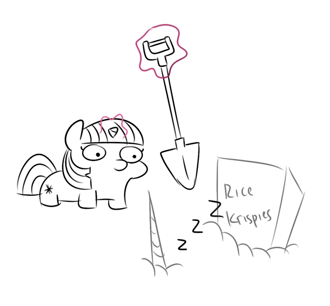 Size: 1081x1003 | Tagged: safe, artist:handgunboi, derpibooru import, princess celestia, twilight sparkle, unicorn, buried alive, cereal box, glowing horn, horn, lineart, magic, reference, shovel, sleeping, telekinesis, twiggie, unicorn twilight, yu-gi-oh!