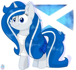 Size: 1793x1664 | Tagged: safe, artist:rainbow eevee, derpibooru import, oc, oc:balmoral, unofficial characters only, pony, unicorn, blue eyes, cheek fluff, clothes, cute, female, flag, kilt, scotland, simple background, smiling, solo, sweater, transparent background