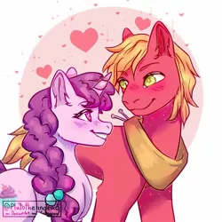 Size: 1524x1524 | Tagged: safe, artist:plutotheundead, derpibooru import, big macintosh, sugar belle, earth pony, pony, unicorn, blushing, eye contact, female, heart, heart background, looking at each other, male, mare, shipping, signature, smiling, stallion, straight, sugarmac