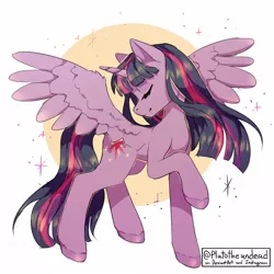 Size: 1524x1524 | Tagged: safe, artist:plutotheundead, derpibooru import, twilight sparkle, twilight sparkle (alicorn), alicorn, pony, cute, eyes closed, female, mare, profile, raised hoof, signature, simple background, smiling, solo, sparkles, spread wings, twiabetes, wings