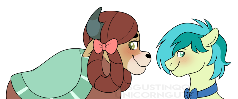 Size: 1150x478 | Tagged: safe, artist:unicorngutz, derpibooru import, sandbar, yona, earth pony, yak, she's all yak, blushing, bowtie, female, looking away, male, monkey swings, nervous, shipping, signature, simple background, smiling, straight, transparent background, wavy mouth, yonabar