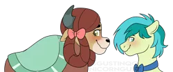 Size: 1150x478 | Tagged: safe, artist:unicorngutz, derpibooru import, sandbar, yona, earth pony, yak, she's all yak, blushing, bowtie, female, looking away, male, monkey swings, nervous, shipping, signature, simple background, smiling, straight, transparent background, wavy mouth, yonabar