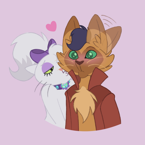 Size: 1282x1287 | Tagged: abyssinian, anthro, anthro pets, artist:itoruna-the-platypus, blushing, bow, capper dapperpaws, chest fluff, crack shipping, derpibooru import, ear twitch, female, hair bow, heart, kissy face, male, my little pony: the movie, opalcapper, opalescence, pink background, safe, shipping, simple background, straight