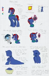 Size: 903x1373 | Tagged: safe, artist:ravenpuff, deleted from derpibooru, derpibooru import, oc, oc:money shot, oc:solitaire, unofficial characters only, goo, goo pony, original species, pony, unicorn, blushing, bowl, bowtie, bust, camera, glasses, glowing horn, graph paper, grin, horn, magic, male, neckerchief, reference sheet, smiling, stallion, telekinesis, text, traditional art, unicorn oc