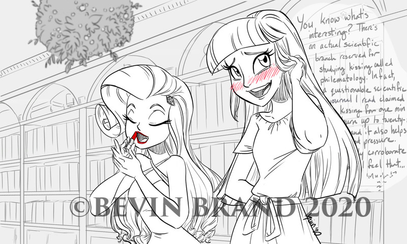 Size: 1280x768 | Tagged: safe, artist:bevin brand, deleted from derpibooru, derpibooru import, rarity, twilight sparkle, fanfic:crimson lips, equestria girls, adorkable, blushing, book, bookshelf, clothes, cute, dialogue, dork, dress, fanfic art, female, image, imminent kissing, jpeg, lesbian, lipstick, mistletoe, monochrome, neo noir, nervous, obtrusive watermark, official fan art, partial color, rambling, rarilight, red lipstick, shipping, sleeveless, text, watermark