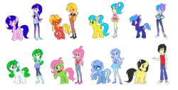 Size: 2853x1438 | Tagged: safe, artist:lumi-infinite64, artist:rainbow15s, derpibooru import, oc, alicorn, earth pony, elemental, pegasus, unicorn, equestria girls, accessories, alicorn oc, earth pony oc, horn, jewelry, necklace, pegasus oc, simple background, transparent background, unicorn oc, wings