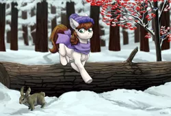 Size: 2500x1700 | Tagged: safe, artist:marinavermilion, derpibooru import, oc, unofficial characters only, bird, earth pony, pony, rabbit, animal, clothes, forest, scarf, snow, solo, tree, winter