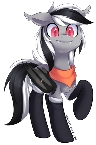 Size: 1866x2806 | Tagged: safe, alternate version, artist:scarlet-spectrum, derpibooru import, oc, oc:stormdancer, unofficial characters only, bat pony, pony, bandana, bat pony oc, bat wings, chest fluff, clothes, colored pupils, cute, fangs, floppy ears, looking at you, male, patreon, patreon reward, raised hoof, simple background, smiling, socks, solo, transparent background, two toned mane, wing ring, wings