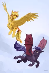 Size: 1534x2300 | Tagged: safe, artist:marinavermilion, derpibooru import, oc, oc:dawn sentry, oc:firetale, unofficial characters only, bat pony, pegasus, pony, bat pony oc, bat wings, duo, wings