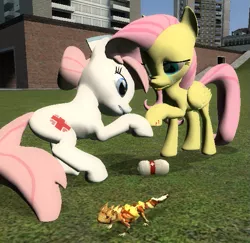 Size: 563x548 | Tagged: safe, artist:didgereethebrony, derpibooru import, fluttershy, nurse redheart, earth pony, lizard, pegasus, pony, 3d, bandage, blood, crying, doctor, gmod, injured, nurse, teary eyes, thorny devil