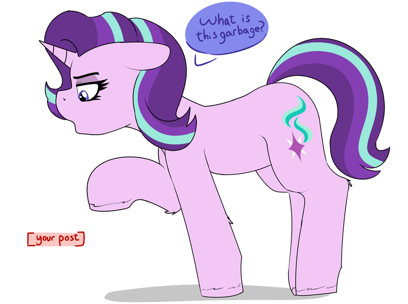 Size: 2265x1687 | Tagged: safe, artist:anonymous, derpibooru import, starlight glimmer, pony, unicorn, /mlp/, 4chan, dialogue, drawthread, female, floppy ears, looking down, mare, open mouth, pointing, question, reaction image, solo, text