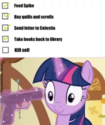 Size: 722x861 | Tagged: semi-grimdark, derpibooru import, edit, edited screencap, screencap, twilight sparkle, twilight sparkle (alicorn), alicorn, pony, a flurry of emotions, checklist, gun, imminent suicide, levitation, magic, solo, telekinesis, weapon