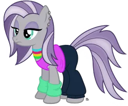 Size: 2428x2016 | Tagged: safe, artist:anime-equestria, derpibooru import, maud pie, earth pony, pony, 80s, alternate hairstyle, clothes, ear piercing, eyeshadow, female, jewelry, leg warmers, makeup, mare, necklace, piercing, shirt, simple background, solo, transparent background, vector