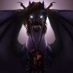 Size: 1200x1200 | Tagged: grimdark, artist:dementra369, derpibooru import, oc, demon, pony, bat wings, blood, fangs, glowing eyes, heart (organ), looking at you, organs, skull, solo, wings