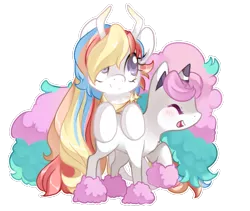 Size: 1007x850 | Tagged: safe, artist:loyaldis, derpibooru import, oc, oc:rainbow dreams, unofficial characters only, galarian ponyta, pegasus, pony, ponyta, commission, duo, female, hair over one eye, mare, pokémon, simple background, transparent background, white outline, ych result