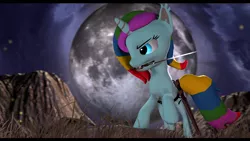 Size: 3840x2160 | Tagged: safe, artist:xxtheobanditxx, derpibooru import, oc, unicorn, 3d, female, mare, moon, mouth hold, solo, sword, weapon