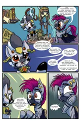 Size: 620x958 | Tagged: artist:lytlethelemur, book, clothes, comic, comic:the ponies must be crazy, derpibooru import, dialogue, female, headdress, mare, oc, oc:moeagami, oc:zjin, safe, scroll, skull, speech bubble, text, zebra, zebra oc