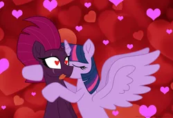 Size: 3015x2059 | Tagged: safe, artist:ejlightning007arts, derpibooru import, tempest shadow, twilight sparkle, twilight sparkle (alicorn), alicorn, unicorn, broken horn, eye scar, eyes closed, female, heart, heart eyes, hearts and hooves day, holiday, horn, kiss on the cheek, kissing, lesbian, romantic, scar, shipping, tempestlight, textless, tongue out, valentine, valentine's day, wingding eyes