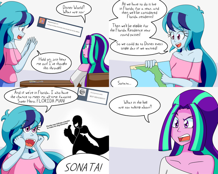 Size: 2000x1600 | Tagged: safe, artist:jake heritagu, derpibooru import, aria blaze, sonata dusk, comic:aria's archives, equestria girls, cape, clothes, comic, dialogue, female, florida, florida man, silhouette, speech bubble, table