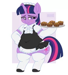 Size: 4500x5000 | Tagged: safe, artist:eqlearq, derpibooru import, twilight sparkle, pony, unicorn, absurd resolution, apple brown betty (food), belly, bipedal, blushing, chubby, chubby twilight, clothes, cute, fat, female, food, lidded eyes, maid, mare, movie accurate, plate, twiabetes, twilard sparkle, unicorn twilight, wide hips