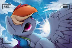 Size: 3701x2483 | Tagged: safe, artist:hitbass, derpibooru import, rainbow dash, pegasus, pony, camera shot, cloud, cute, dashabetes, digital art, female, looking at camera, looking at you, mare, recording, smiling, solo, spread wings, sun, wing fluff, wings