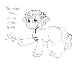 Size: 1089x951 | Tagged: safe, artist:anonymous, artist:happyartfag, derpibooru import, cozy glow, pony, unicorn, /mlp/, 4chan, chinese dress, confetti, cozybetes, cute, drawthread, looking at you, monochrome, solo, text, threat