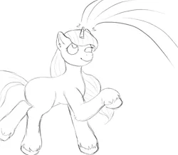 Size: 1089x951 | Tagged: safe, artist:anonymous, artist:happyartfag, derpibooru import, oc, oc:paint drops, pony, unicorn, /mlp/, 4chan, drawthread, magic, monochrome, one eye closed, solo