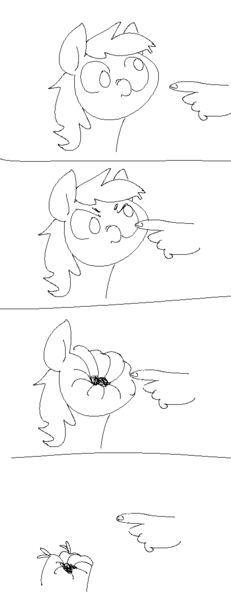 Size: 454x1180 | Tagged: safe, artist:anonymous, derpibooru import, derpy hooves, earth pony, human, pony, /mlp/, 4chan, angry, boop, boop denied, bust, comic, drawthread, duo, monochrome, offscreen character, wat