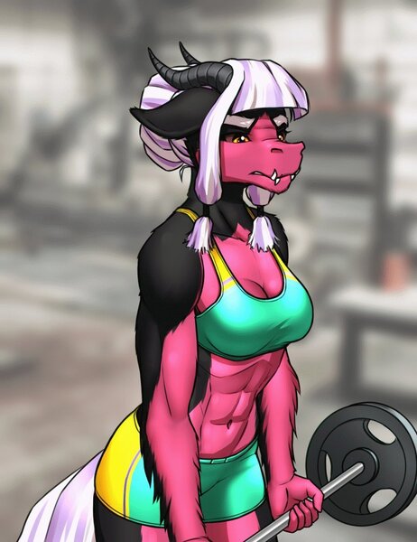 Size: 770x1000 | Tagged: abs, anthro, anthro oc, artist:mykegreywolf, belly button, breasts, cleavage, clothes, derpibooru import, interspecies offspring, midriff, oc, oc:twisted mind, offspring, parent:lord tirek, parents:twirek, parent:twilight sparkle, safe, shorts, solo, sports bra, sports shorts, unofficial characters only, weight lifting, workout outfit